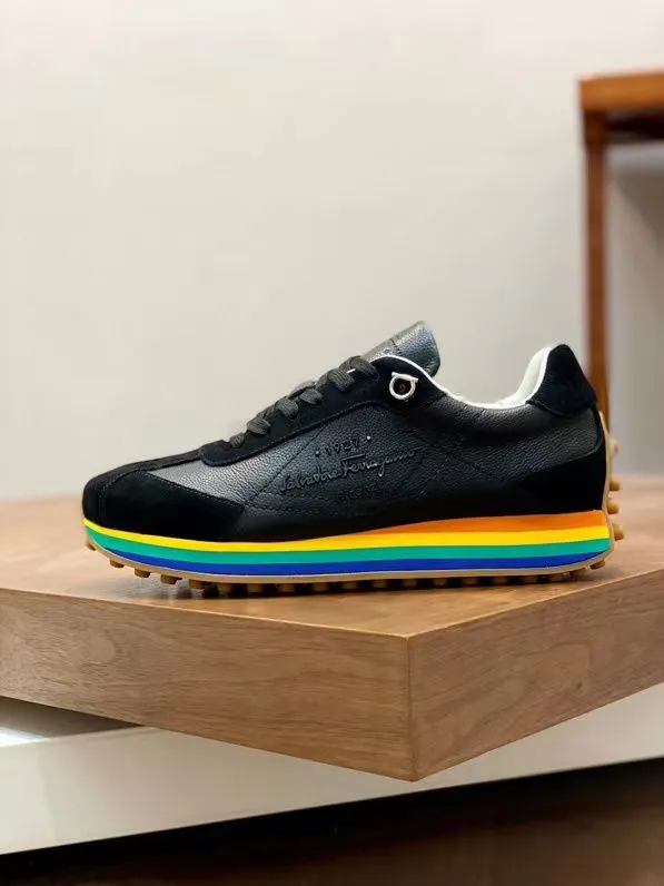 SALVATORE FERRAGAMO || Iggy Rainbow-heel Retro Trainers In Black