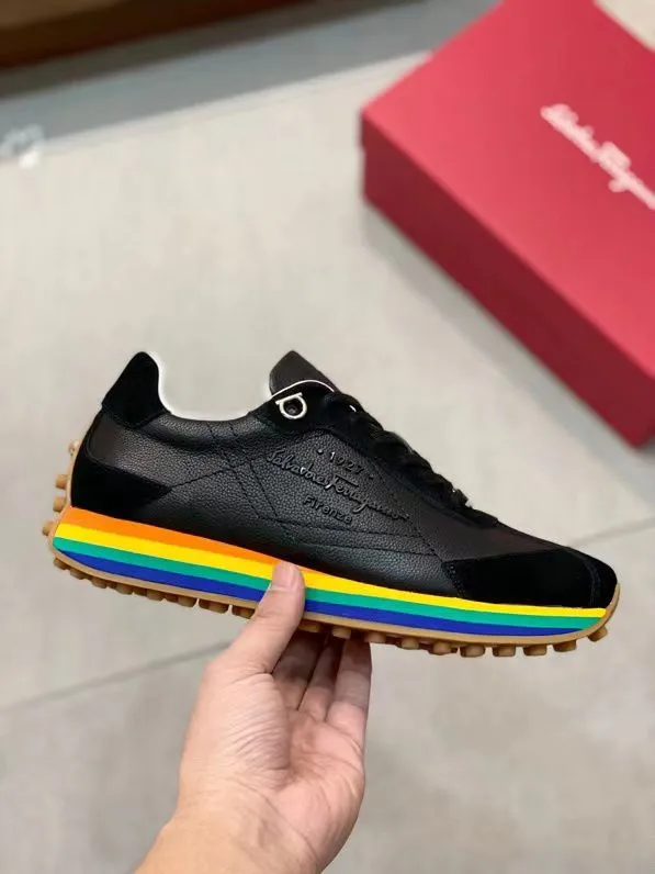 SALVATORE FERRAGAMO || Iggy Rainbow-heel Retro Trainers In Black