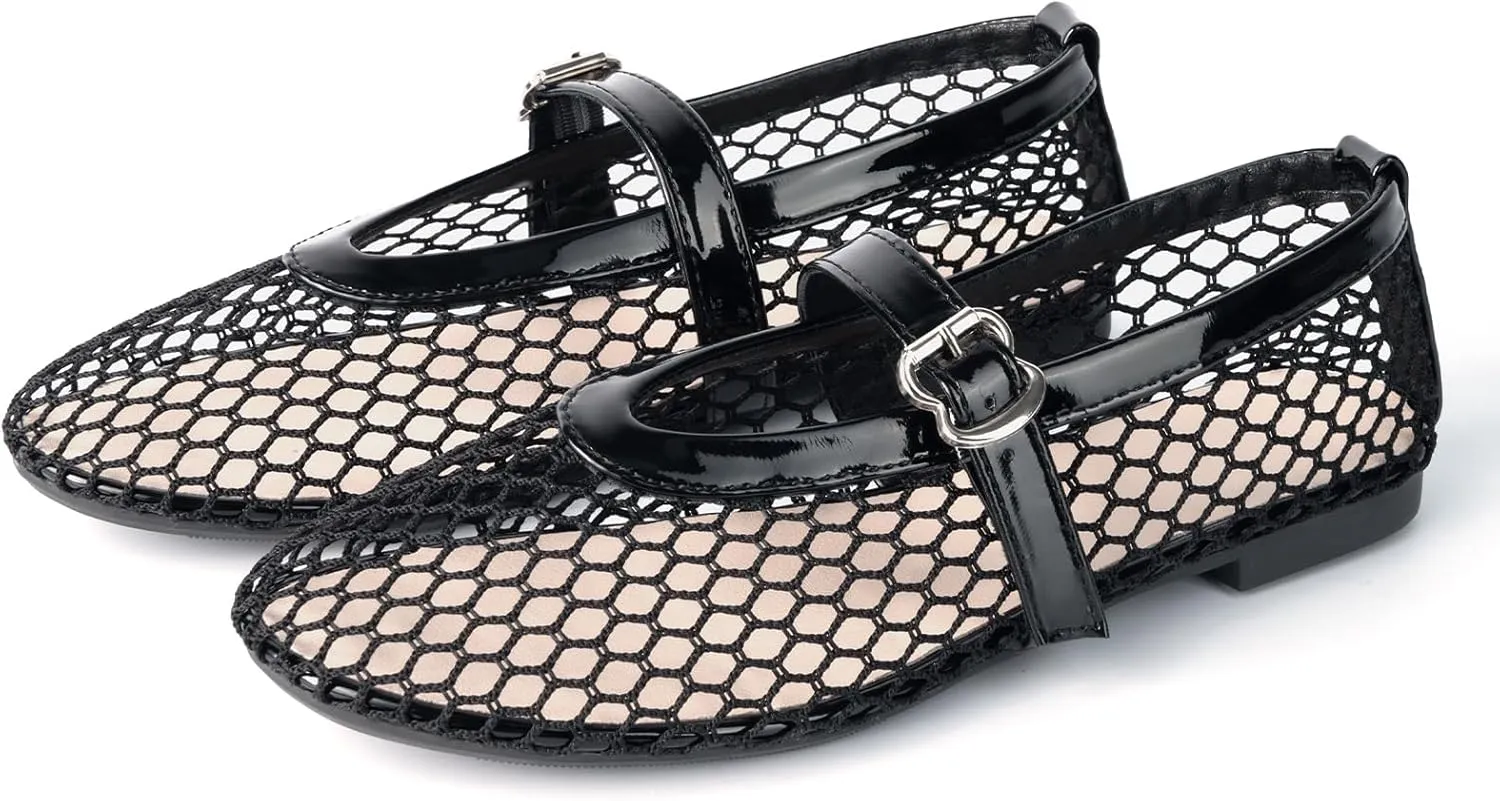 Samilor Mesh Ballet Flats for Women Buckle Strap Round Toe Mesh Flats Fishnet Flats with Strap Casual Ballerina Shoes