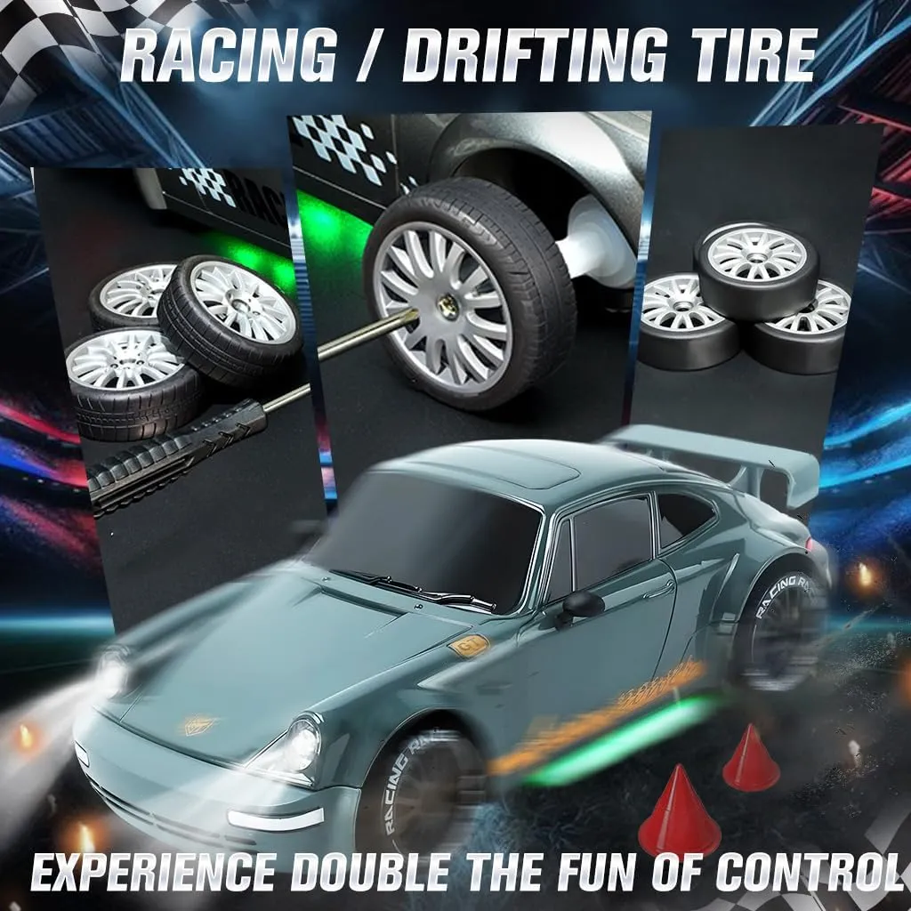 SANCO 1:20 RC Drift Car - 2.4G Drifting Car with Dual Tire System & LED Lights, 20 KM/H, 50-Minute Playtime, Racing Toy Remote Control for Adults Boys Girls 2pcs Rechargeable Batteries （Gray）