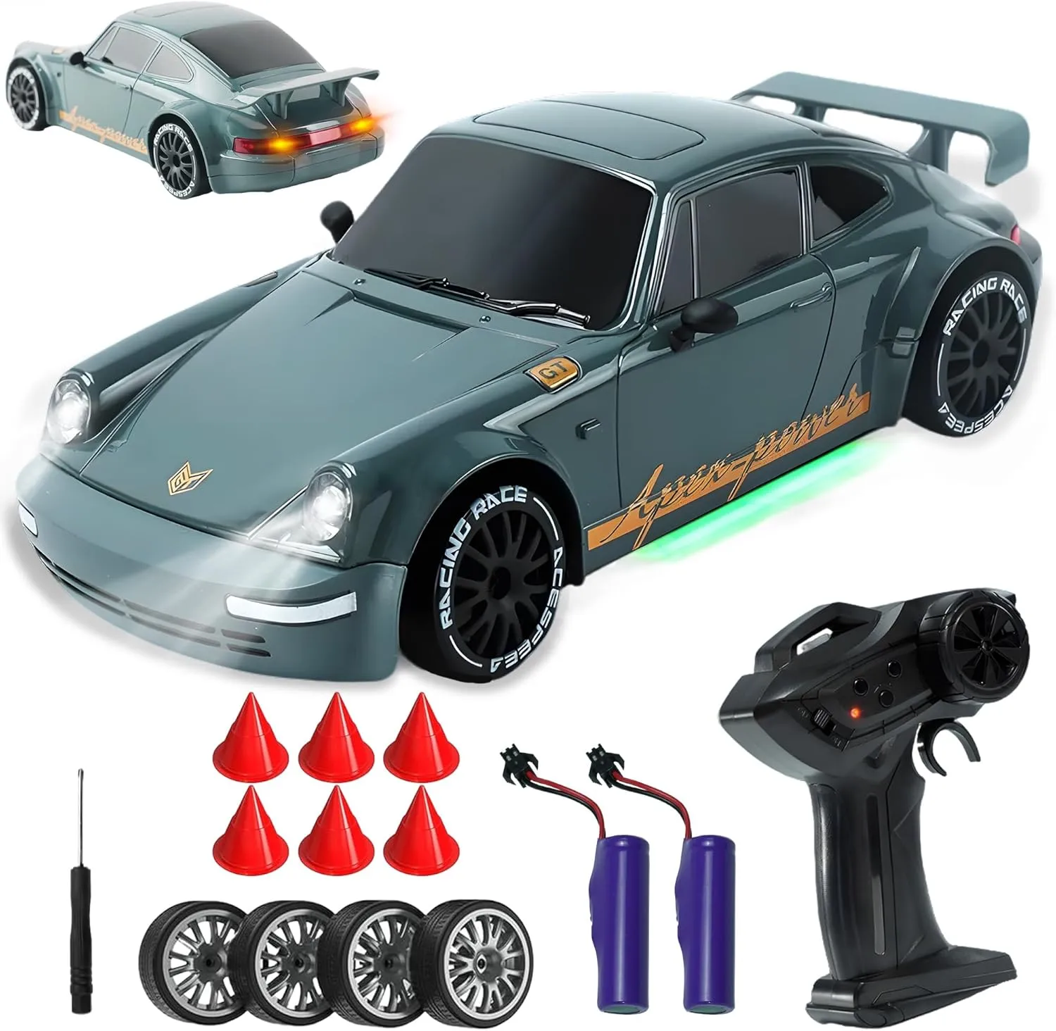 SANCO 1:20 RC Drift Car - 2.4G Drifting Car with Dual Tire System & LED Lights, 20 KM/H, 50-Minute Playtime, Racing Toy Remote Control for Adults Boys Girls 2pcs Rechargeable Batteries （Gray）