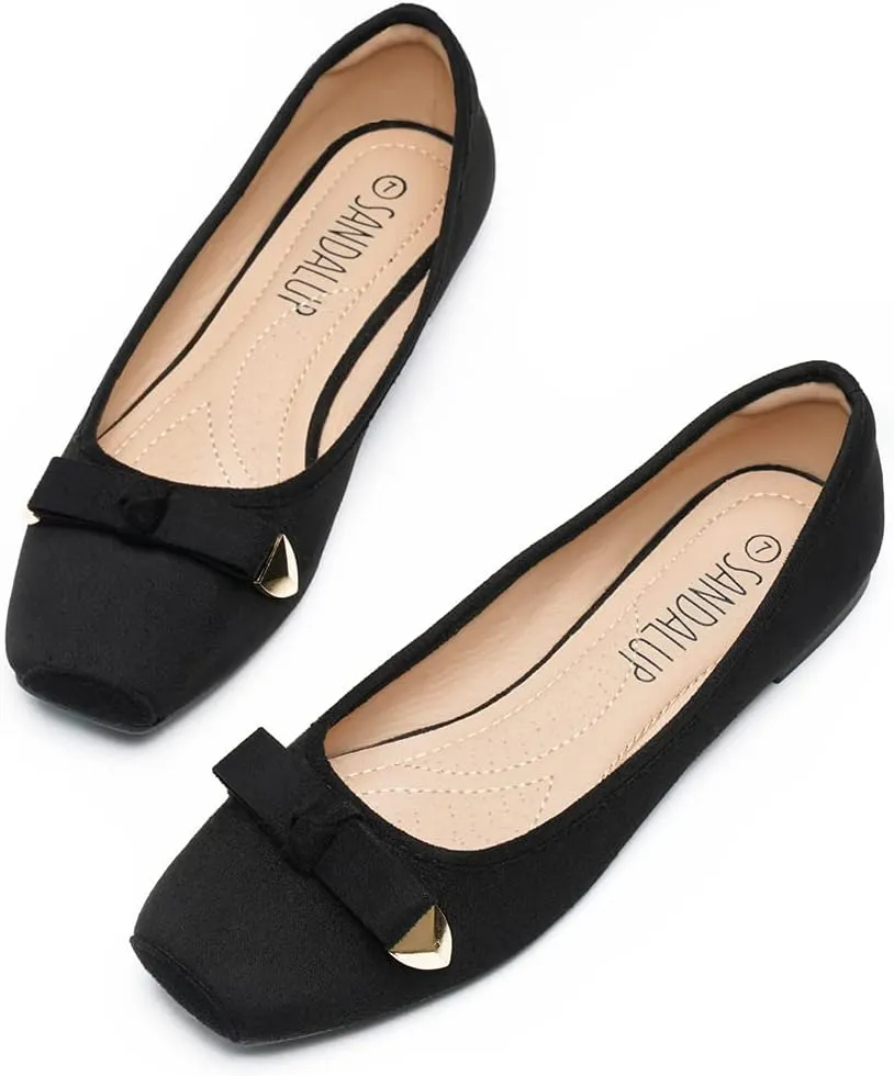 SANDALUP Ballet Flats, Wide Welt Buckle Square Closed Toe Flats Comfort Slip on Flat Ballerina Buckle Ballet Shoes for Women Dressy All Day Wear