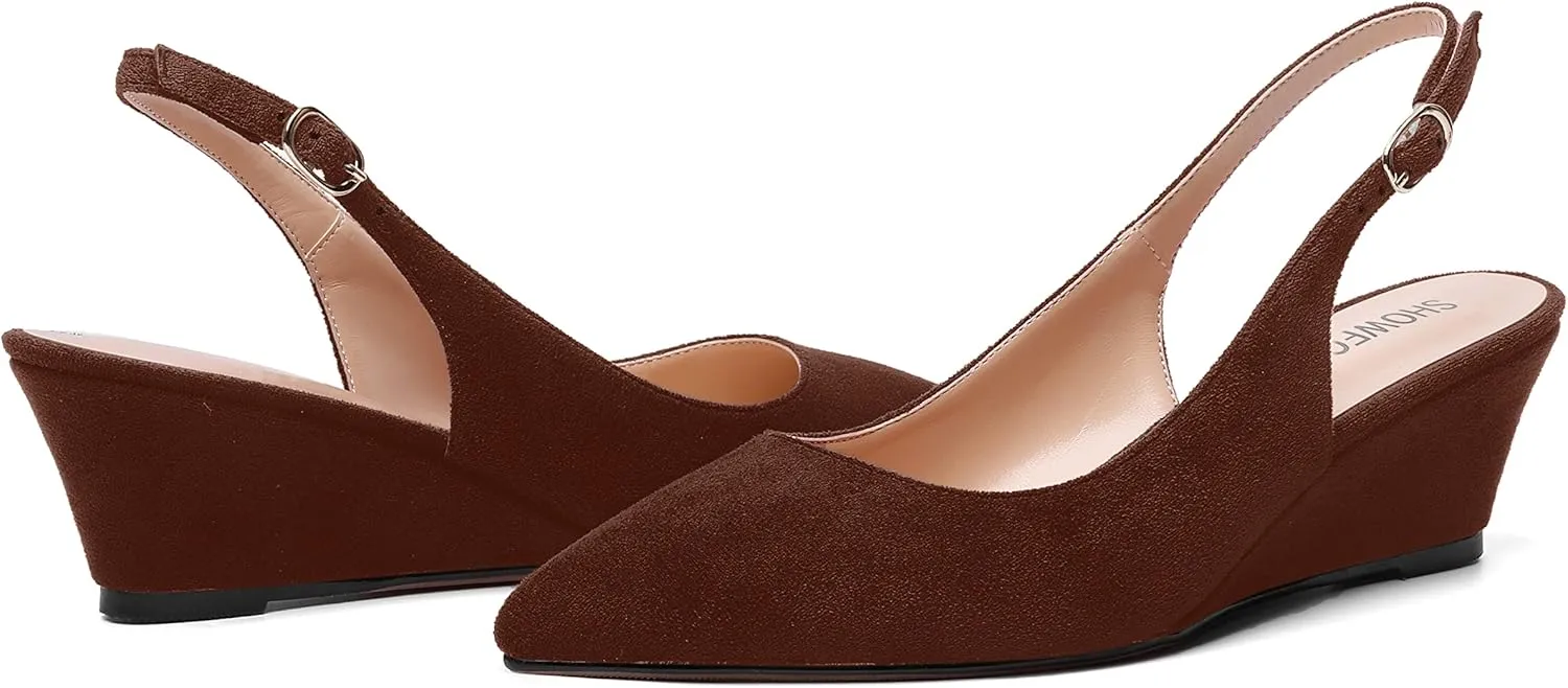 SHOWFOREST Womens Solid Adjustable Strap Suede Dress Buckle Dating Pointed Toe Wedge Low Heel Pumps Shoes 2 Inch