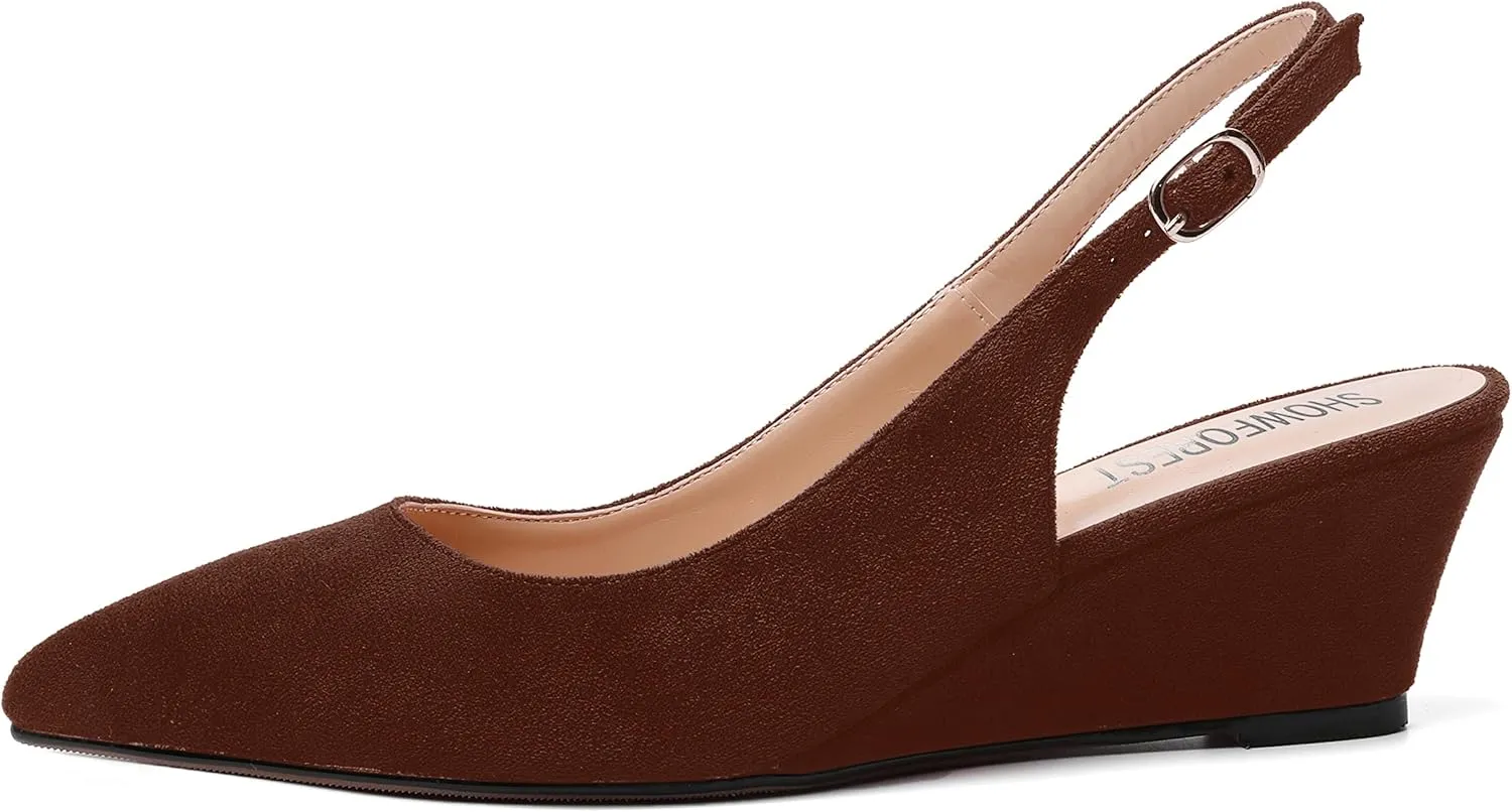 SHOWFOREST Womens Solid Adjustable Strap Suede Dress Buckle Dating Pointed Toe Wedge Low Heel Pumps Shoes 2 Inch