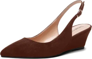 SHOWFOREST Womens Solid Adjustable Strap Suede Dress Buckle Dating Pointed Toe Wedge Low Heel Pumps Shoes 2 Inch