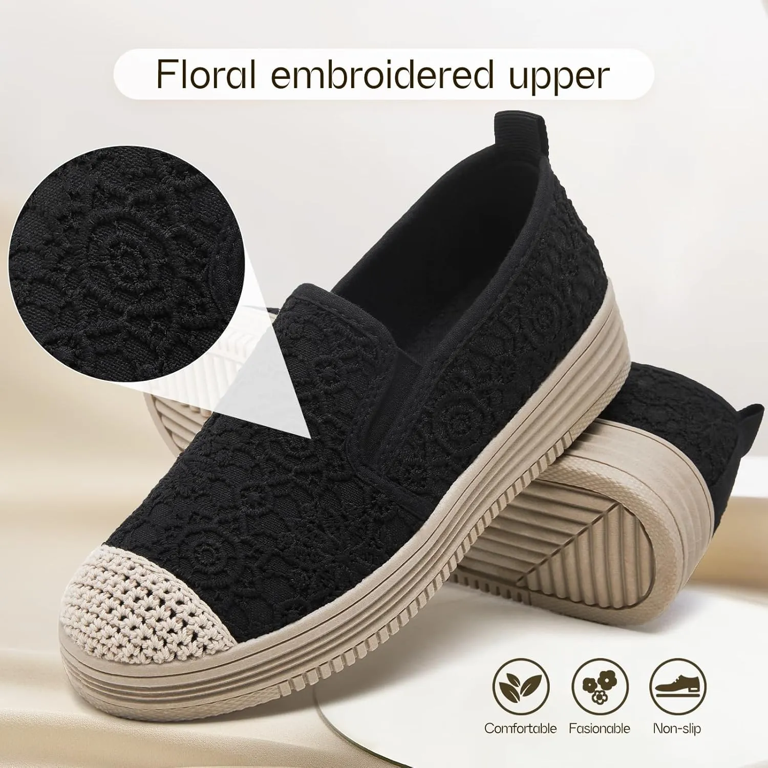 Shupua Womens Slip on Shoes Stylish Lace Casual Loafers Lightweight Platform Sneakers Comfortable Spring Flat Shoes for Office, Work