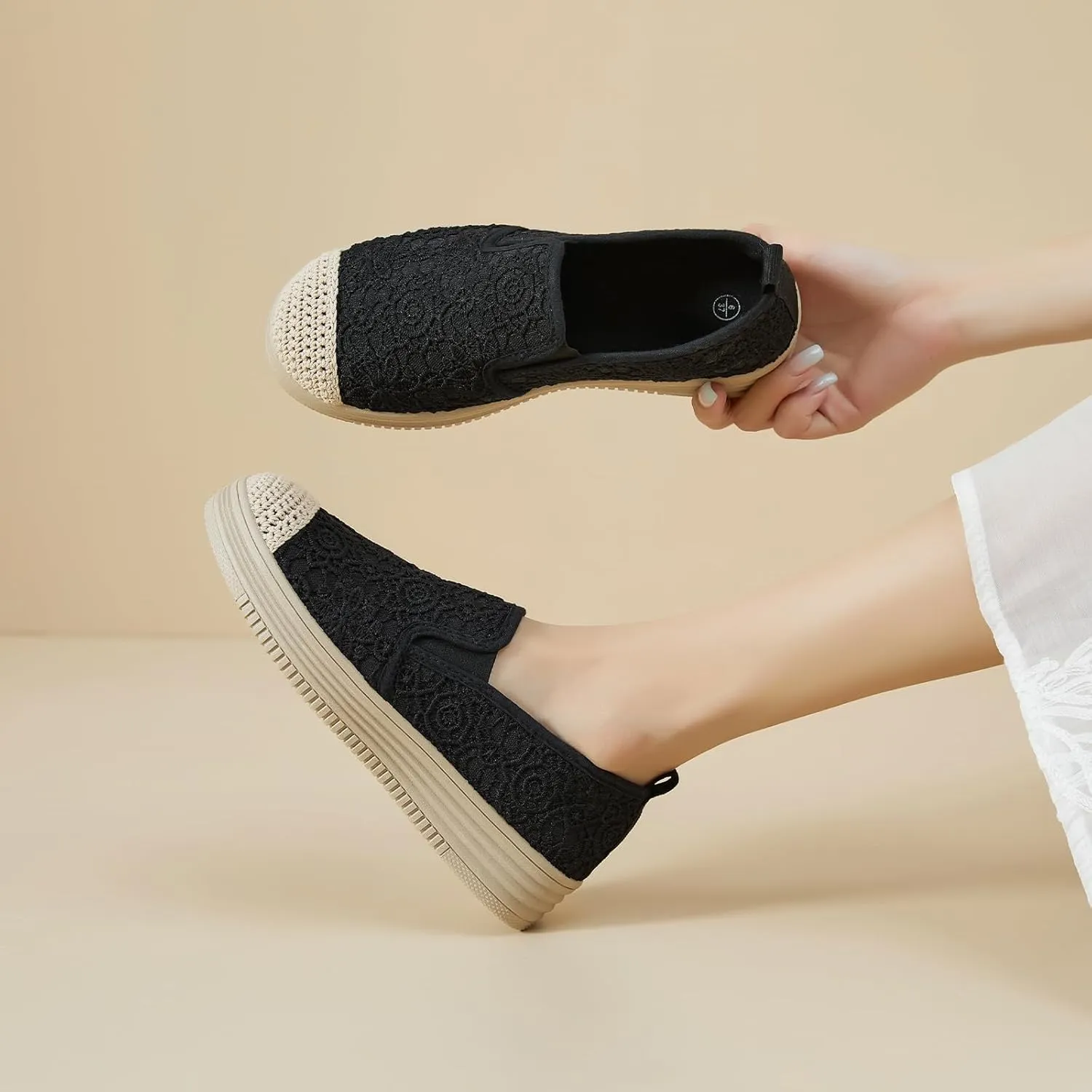 Shupua Womens Slip on Shoes Stylish Lace Casual Loafers Lightweight Platform Sneakers Comfortable Spring Flat Shoes for Office, Work