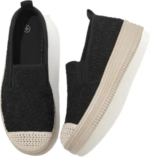 Shupua Womens Slip on Shoes Stylish Lace Casual Loafers Lightweight Platform Sneakers Comfortable Spring Flat Shoes for Office, Work
