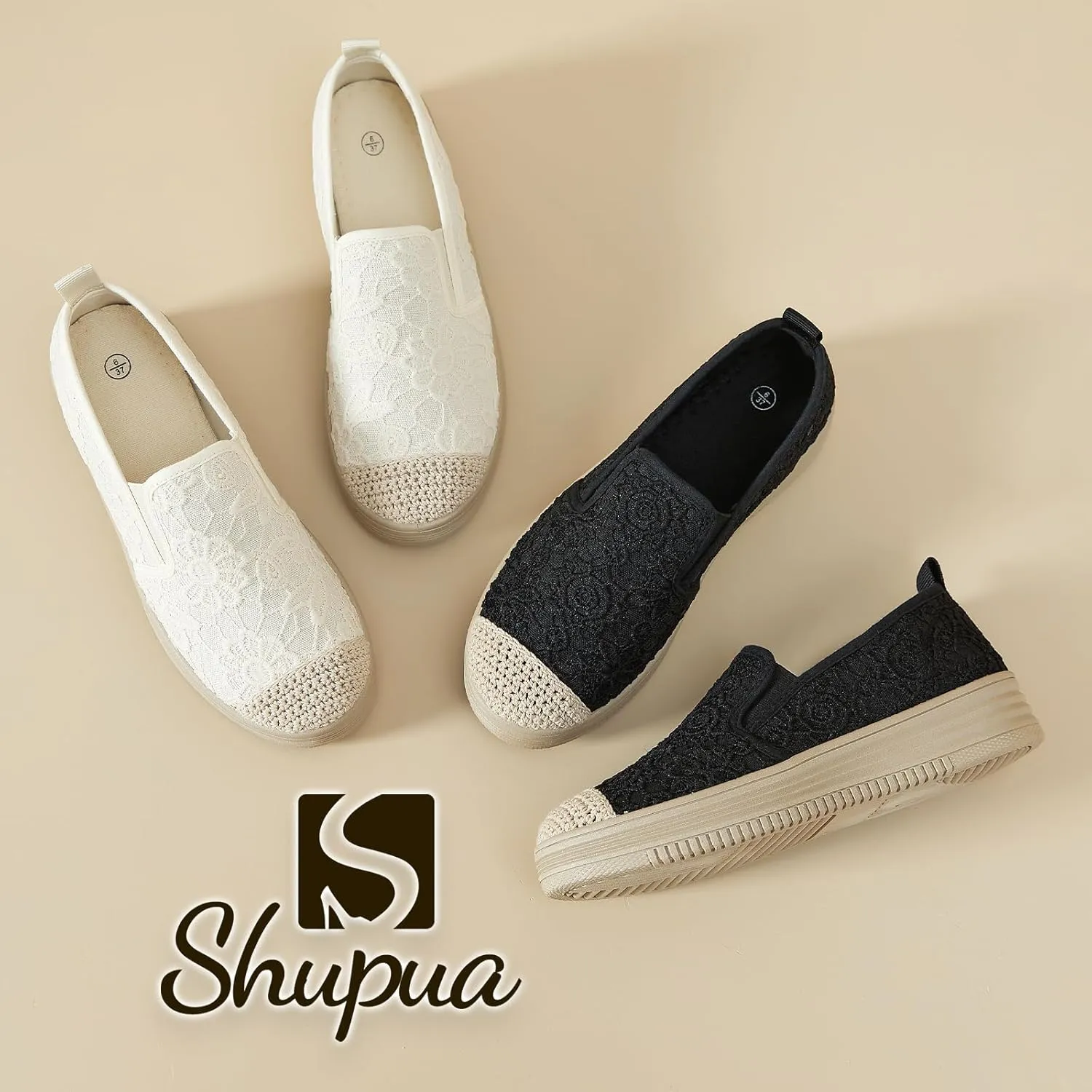 Shupua Womens Slip on Shoes Stylish Lace Casual Loafers Lightweight Platform Sneakers Comfortable Spring Flat Shoes for Office, Work