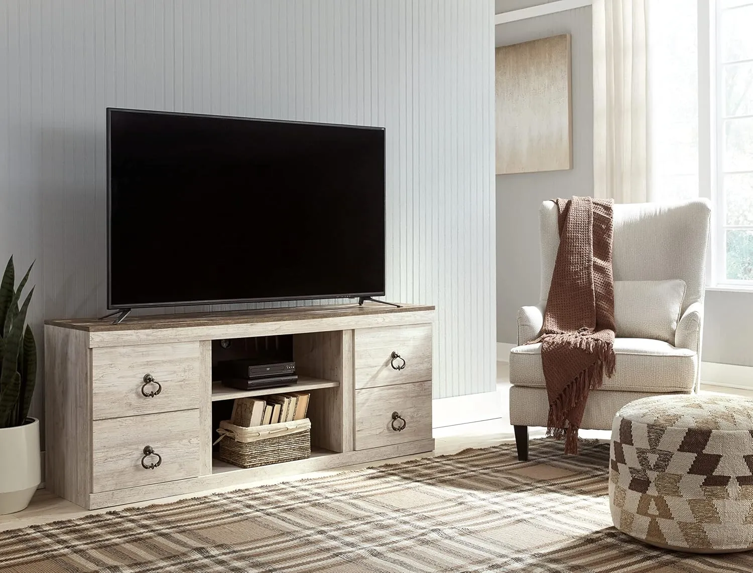 Signature Design by Ashley Willowton Shabby Chic Large TV Stand up to 60" with 3 Shelves and Fireplace Option, White