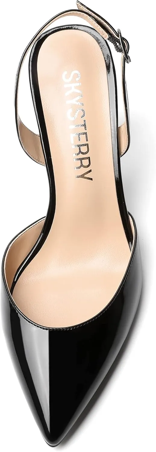 SKYSTERRY Womens Pointed Toe Wedding Sexy Buckle Solid Patent Slingback Spool High Heel Pumps Shoes 3.3 Inch