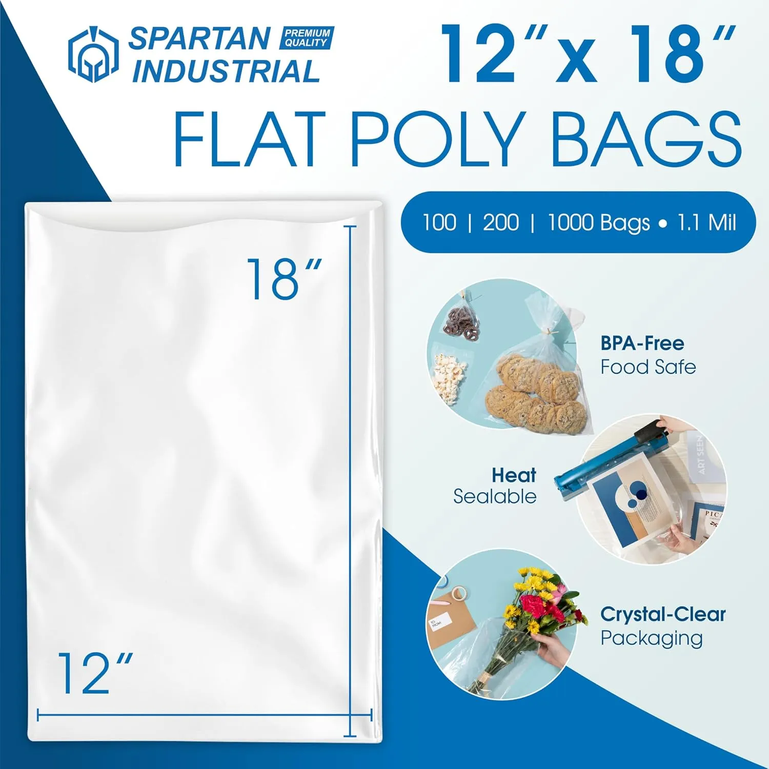 Spartan Industrial - 12” X 18” (100 Count) 1.1 Mil Flat Open End Clear Plastic Poly Bags - for Proofing Bread Dough, Packaging Clothes, Shirts (Thin & Lightweight - Bags DO NOT Have Seal)