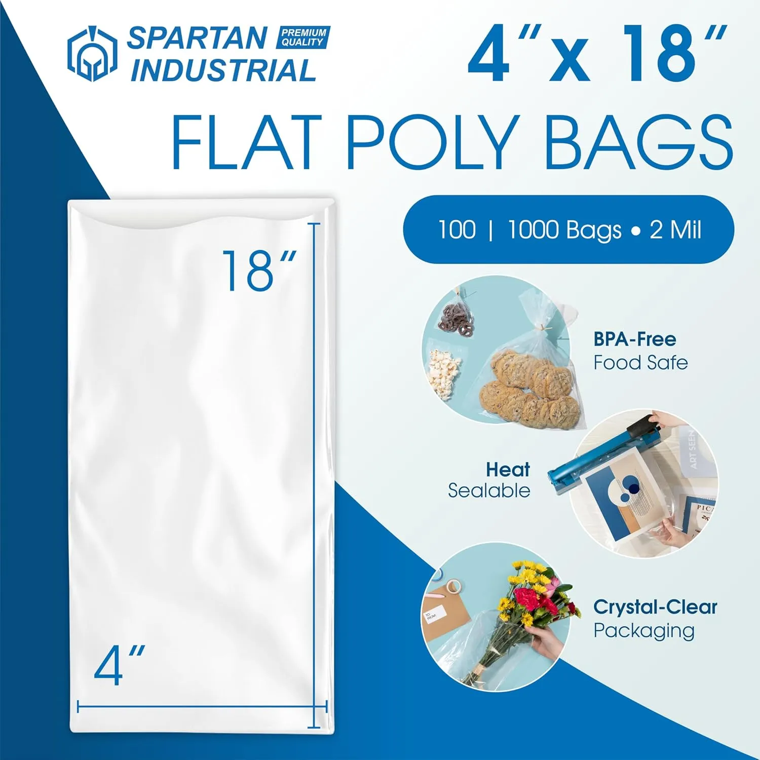 Spartan Industrial - 4” X 18” (100 Count) 2 Mil Heavy Duty Flat Open End Clear Plastic Poly Bags - For Rolled Posters, Packaging Hair Products, Scarves (Lightweight - Bags DO NOT Have Seal & Prints)