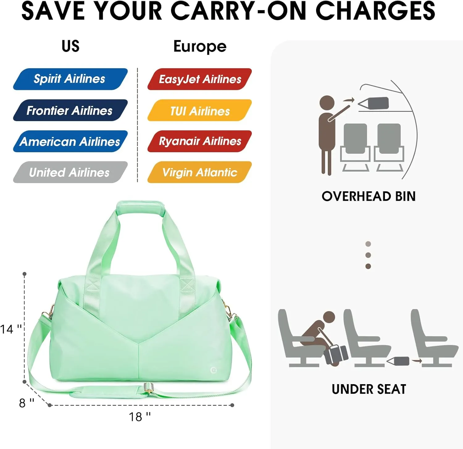 Spirit Airlines Personal Item Duffel Bag - 18x14x8 Weekender Overnight Carry-on for Women (Light Green) with TSA Approved Quart Size & Shoes Bag