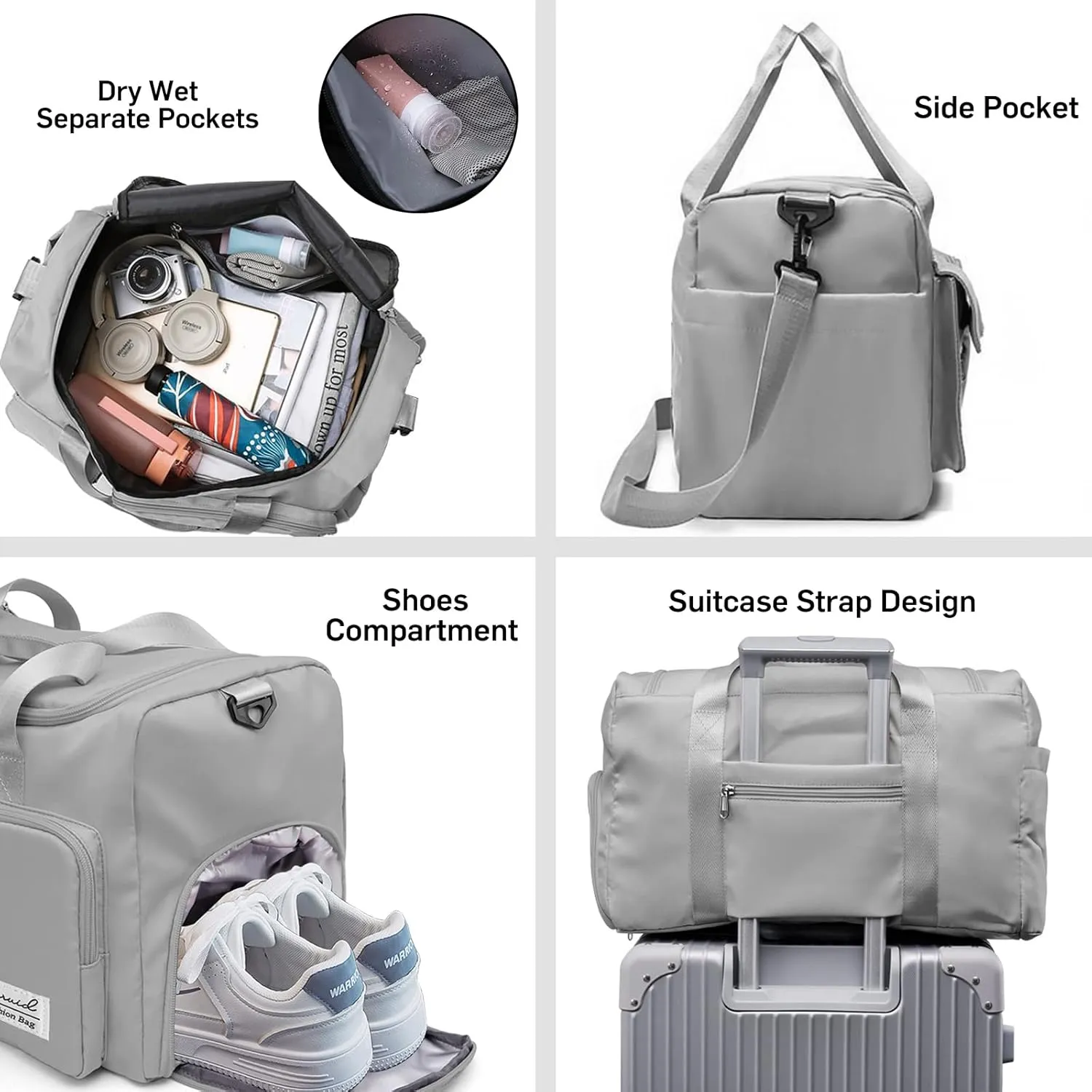 Sports Gym Duffel Bag with Shoes Compartment and Dry Wet Separated Pocket for Men and Women - Overnight Weekender Training Handbag Yoga Bag - Gray