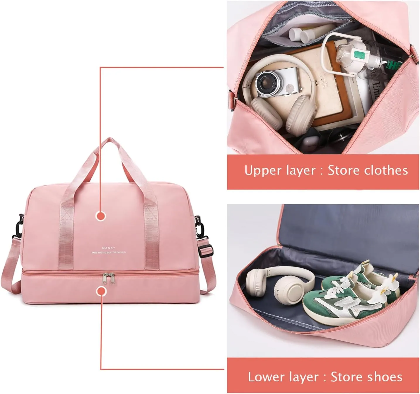 Sports Travel Duffel Bag for Women,Light Gym Bag with Shoe Compartment,Large Capacity Weekender Overnight with Wet Pocket for Lady Travel, Gym, Yoga （Light pink）