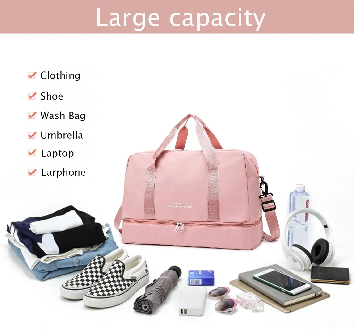 Sports Travel Duffel Bag for Women,Light Gym Bag with Shoe Compartment,Large Capacity Weekender Overnight with Wet Pocket for Lady Travel, Gym, Yoga （Light pink）