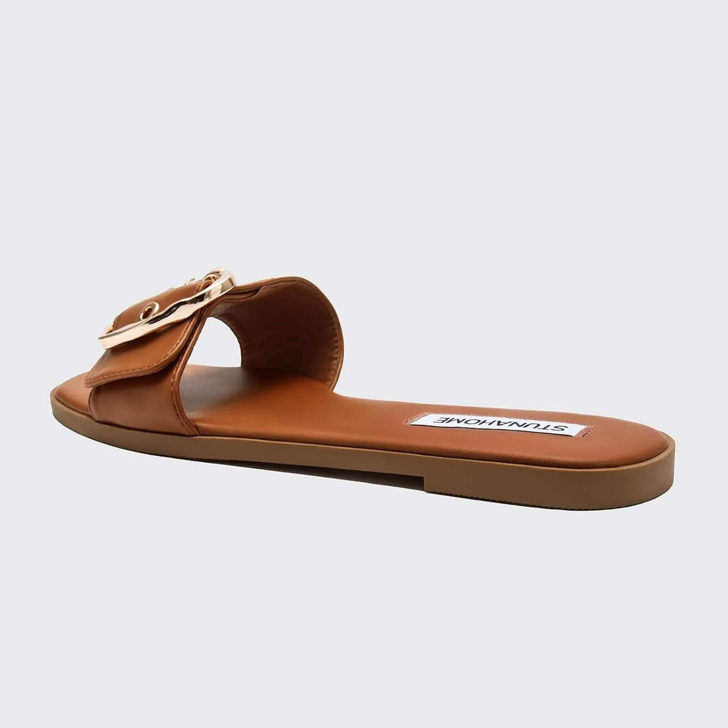STUNAHOME Flat Sandals Women Fashion Slides With Soft Leather Paired with Metal buckle Slippers