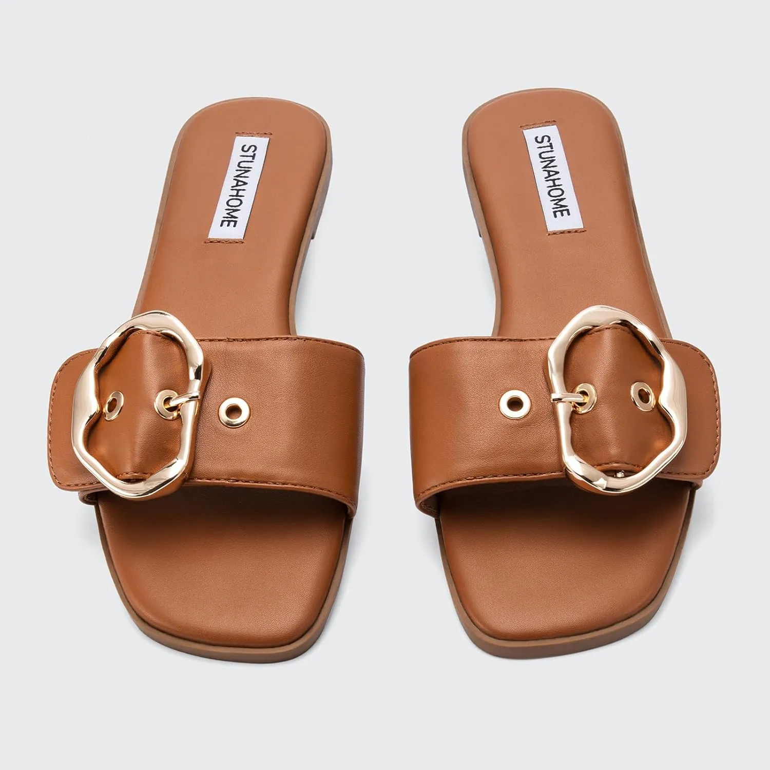 STUNAHOME Flat Sandals Women Fashion Slides With Soft Leather Paired with Metal buckle Slippers