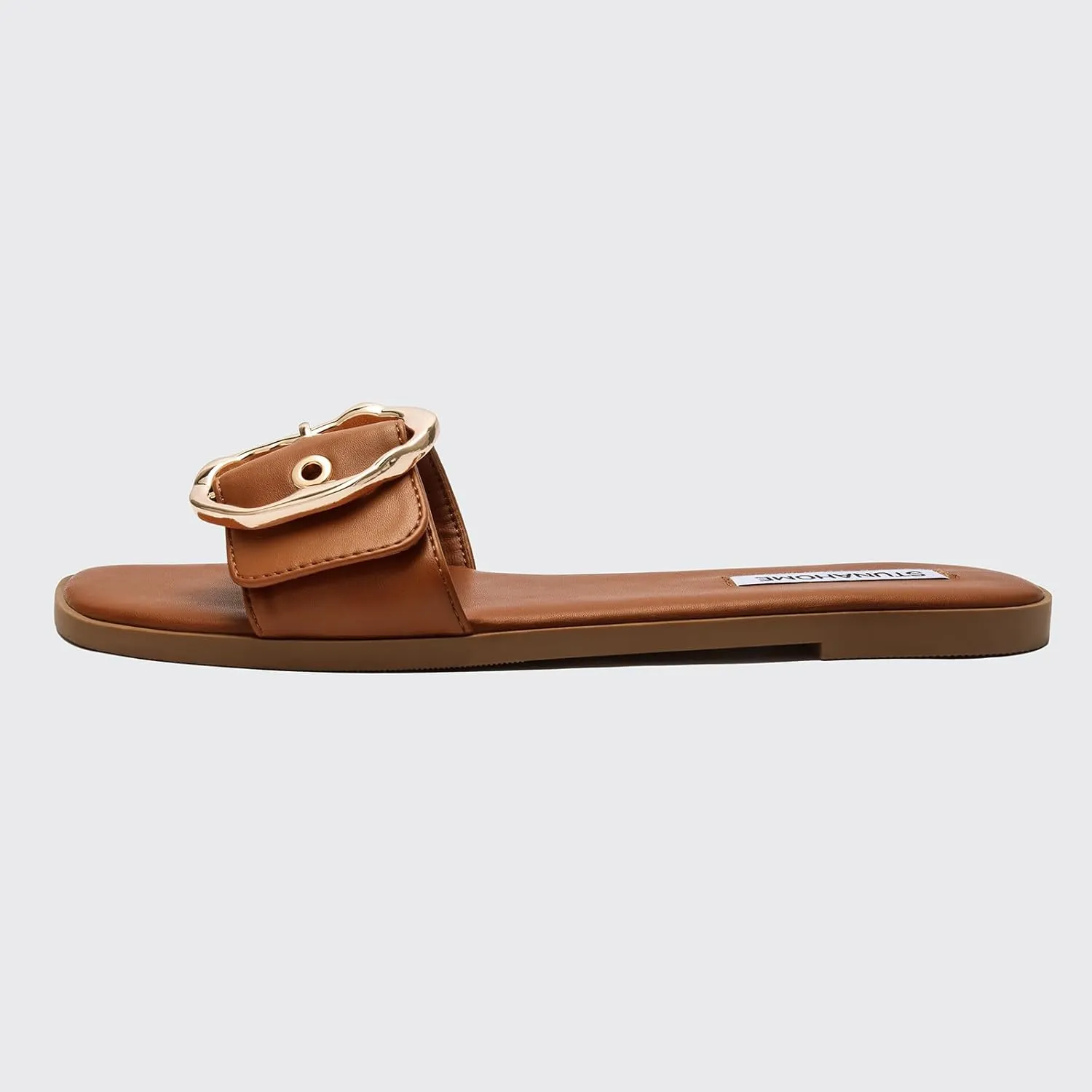 STUNAHOME Flat Sandals Women Fashion Slides With Soft Leather Paired with Metal buckle Slippers