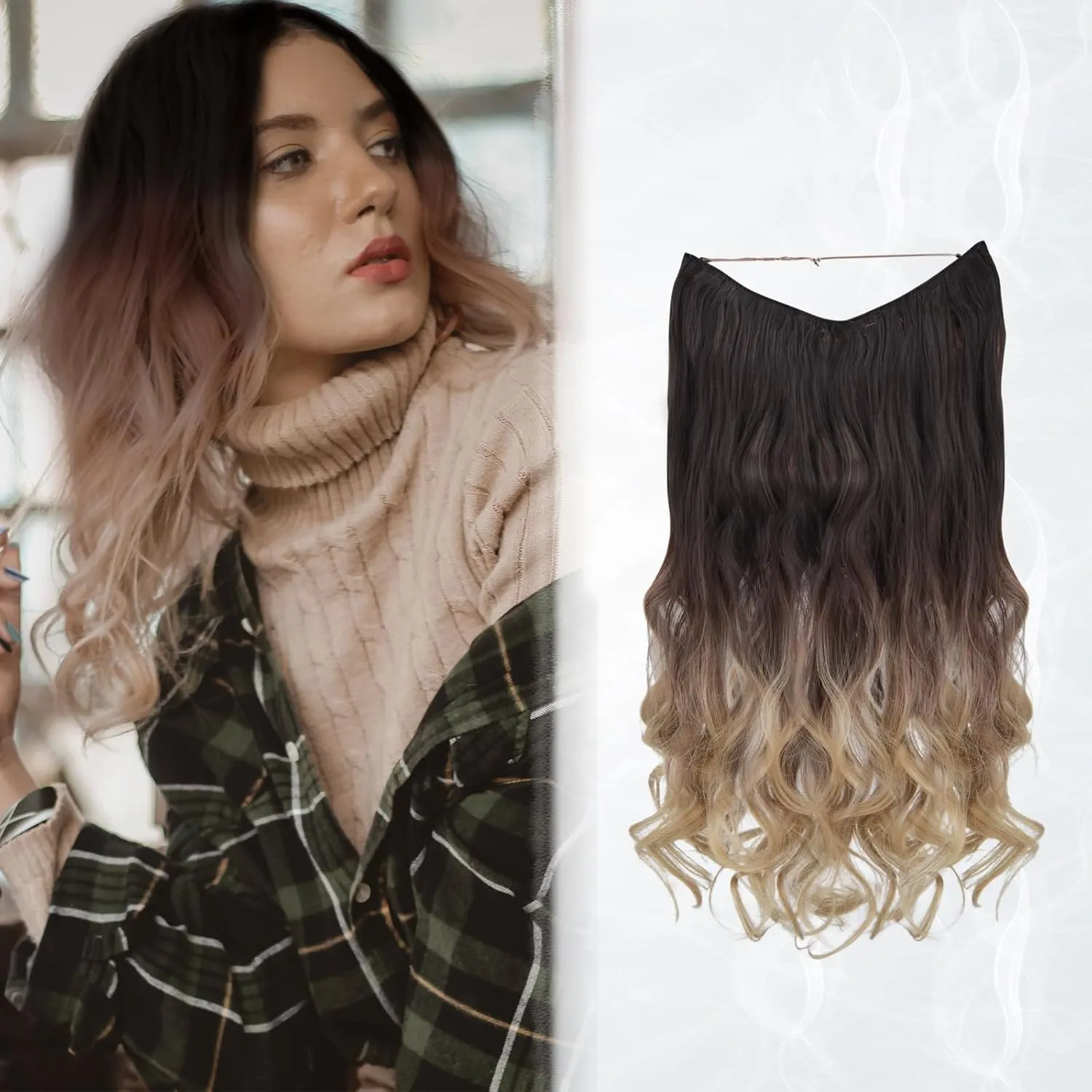 STYLERI Nvisible Wire Hair Extensions with Transparent Wire Adjustable Size 3 Secure Clips Long Wavy Secret Hairpieces 20 Inch Dark Brown Ombre to Blonde for Women Daily Use