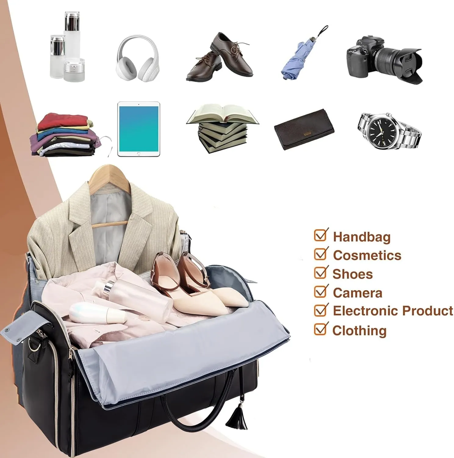 Suit Bag, Garment Bags for Hanging Clothes Travel,Large PU Leather Duffle Bag for Men Women,Waterproof Garment Bags for Travel with Built-In Shoe Pocket,3 in 1 Hanging Suitcase Suit Travel Bags, Black