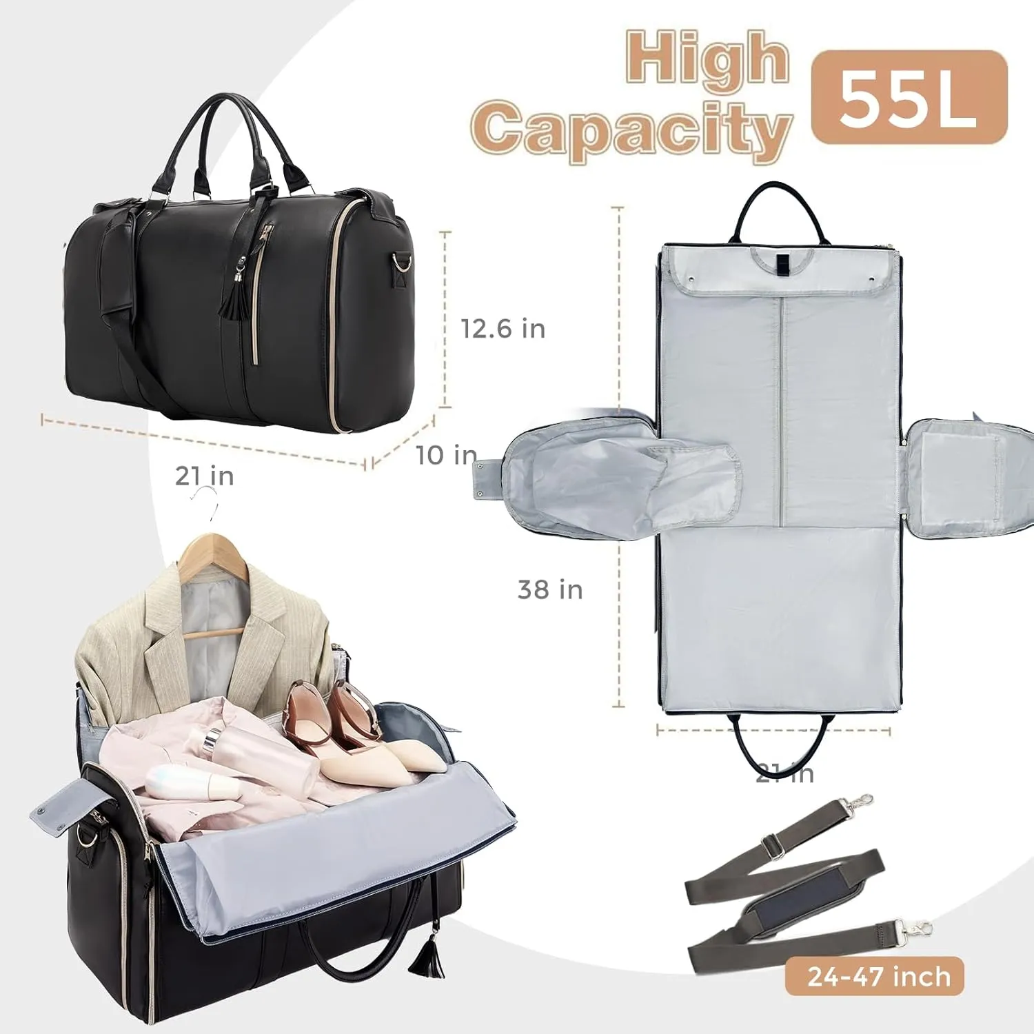 Suit Bag, Garment Bags for Hanging Clothes Travel,Large PU Leather Duffle Bag for Men Women,Waterproof Garment Bags for Travel with Built-In Shoe Pocket,3 in 1 Hanging Suitcase Suit Travel Bags, Black