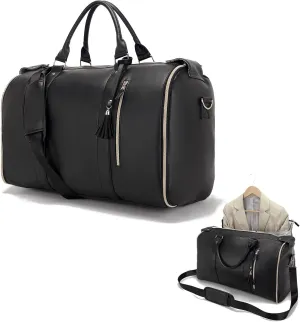 Suit Bag, Garment Bags for Hanging Clothes Travel,Large PU Leather Duffle Bag for Men Women,Waterproof Garment Bags for Travel with Built-In Shoe Pocket,3 in 1 Hanging Suitcase Suit Travel Bags, Black