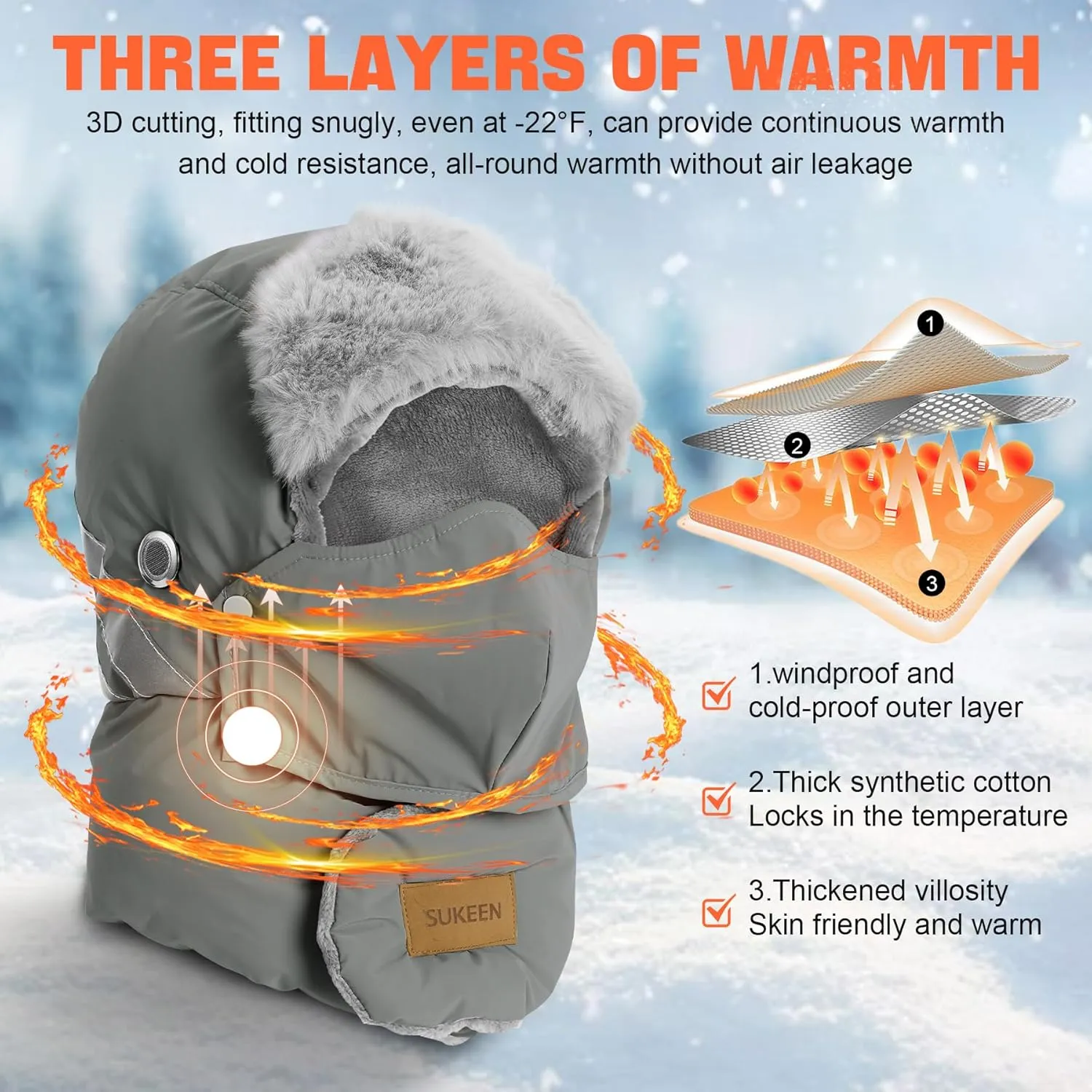 Sukeen Trapper Hats Windproof Winter Hat Water Repellent‌ Warm Hat Lightweight Earflap Hat with Mask for Cold Snow Weather