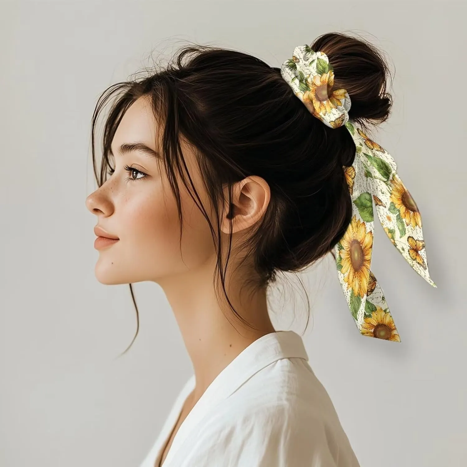 Sunflower Bow Hair Ties Butterfly Hair Scrunchies for Women Silk Hair Ties with Bags Set of 2 Elastic Hair Ribbon for Ponytail Braided Pigtail Hair Scarf Casual Hair Ribbons for Girls