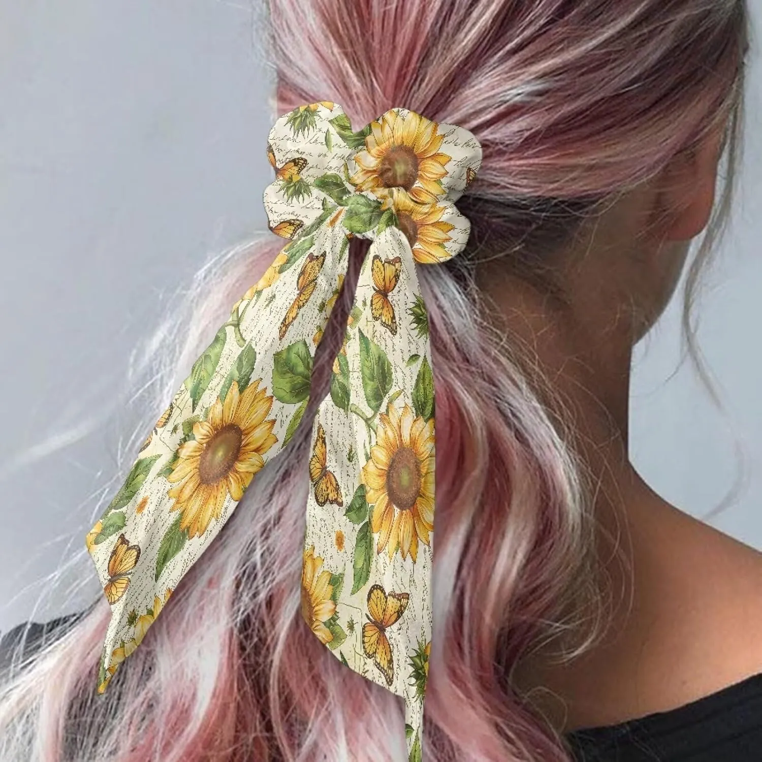 Sunflower Bow Hair Ties Butterfly Hair Scrunchies for Women Silk Hair Ties with Bags Set of 2 Elastic Hair Ribbon for Ponytail Braided Pigtail Hair Scarf Casual Hair Ribbons for Girls