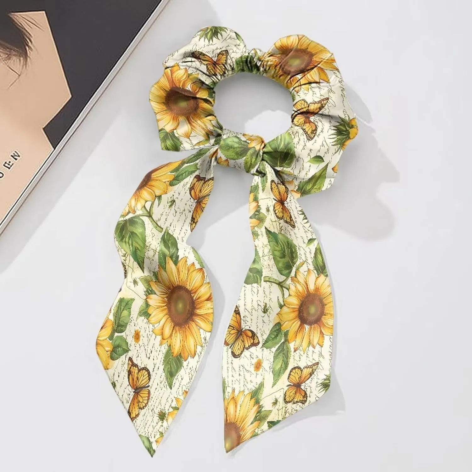 Sunflower Bow Hair Ties Butterfly Hair Scrunchies for Women Silk Hair Ties with Bags Set of 2 Elastic Hair Ribbon for Ponytail Braided Pigtail Hair Scarf Casual Hair Ribbons for Girls