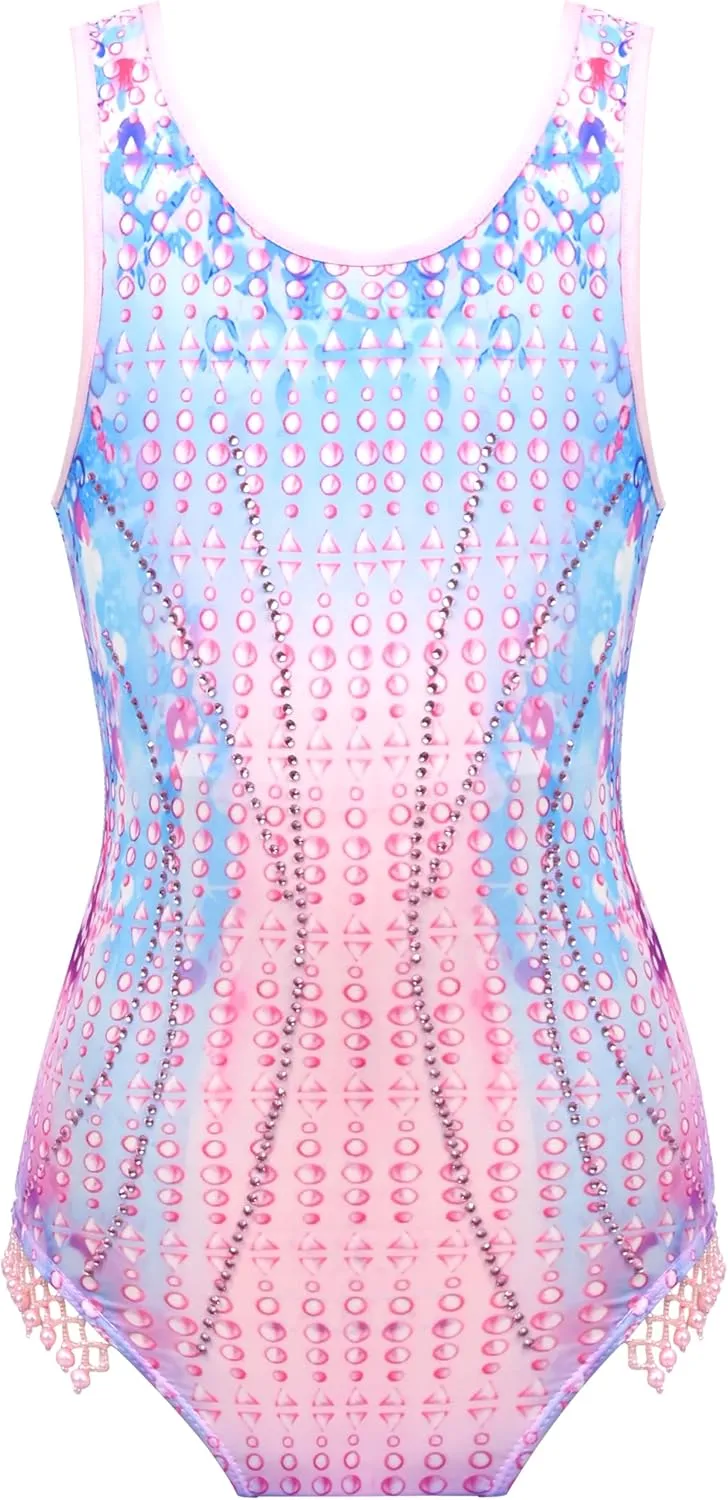 Sunny Fashion Girls One Piece Geometry Gymnastic Leotard Rhinestone Show Sleeveless