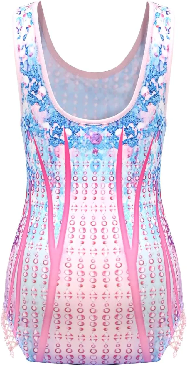 Sunny Fashion Girls One Piece Geometry Gymnastic Leotard Rhinestone Show Sleeveless