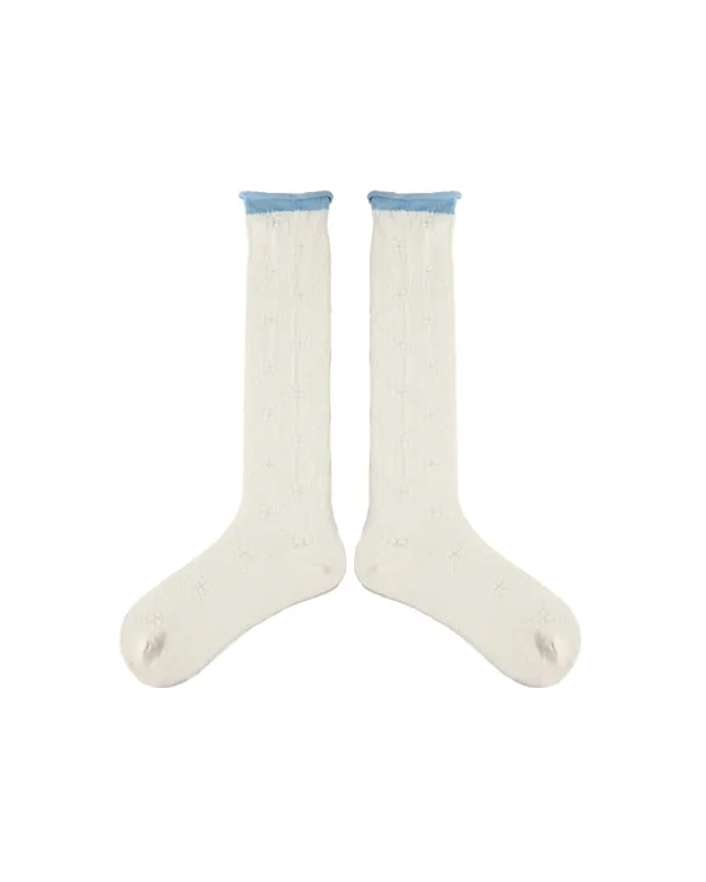 Sweetnana Spring/Summer Women's Cotton Mesh Seamless Socks, Cuff Crimping, Hollow Printing, Ballet Style, Sweet, Calf Socks, Breathable and Comfort.