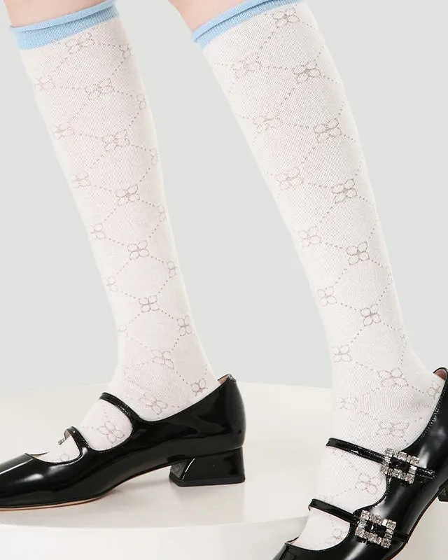 Sweetnana Spring/Summer Women's Cotton Mesh Seamless Socks, Cuff Crimping, Hollow Printing, Ballet Style, Sweet, Calf Socks, Breathable and Comfort.