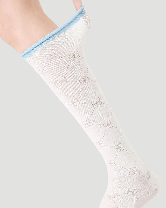 Sweetnana Spring/Summer Women's Cotton Mesh Seamless Socks, Cuff Crimping, Hollow Printing, Ballet Style, Sweet, Calf Socks, Breathable and Comfort.