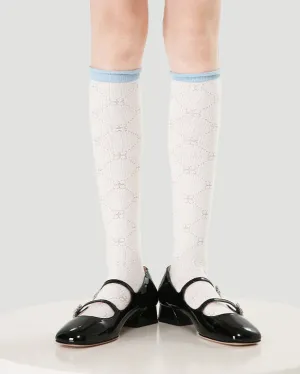 Sweetnana Spring/Summer Women's Cotton Mesh Seamless Socks, Cuff Crimping, Hollow Printing, Ballet Style, Sweet, Calf Socks, Breathable and Comfort.