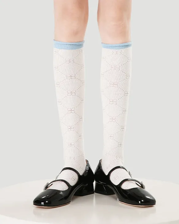 Sweetnana Spring/Summer Women's Cotton Mesh Seamless Socks, Cuff Crimping, Hollow Printing, Ballet Style, Sweet, Calf Socks, Breathable and Comfort.