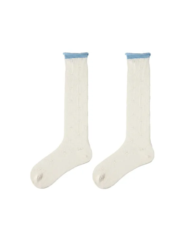 Sweetnana Spring/Summer Women's Cotton Mesh Seamless Socks, Cuff Crimping, Hollow Printing, Ballet Style, Sweet, Calf Socks, Breathable and Comfort.