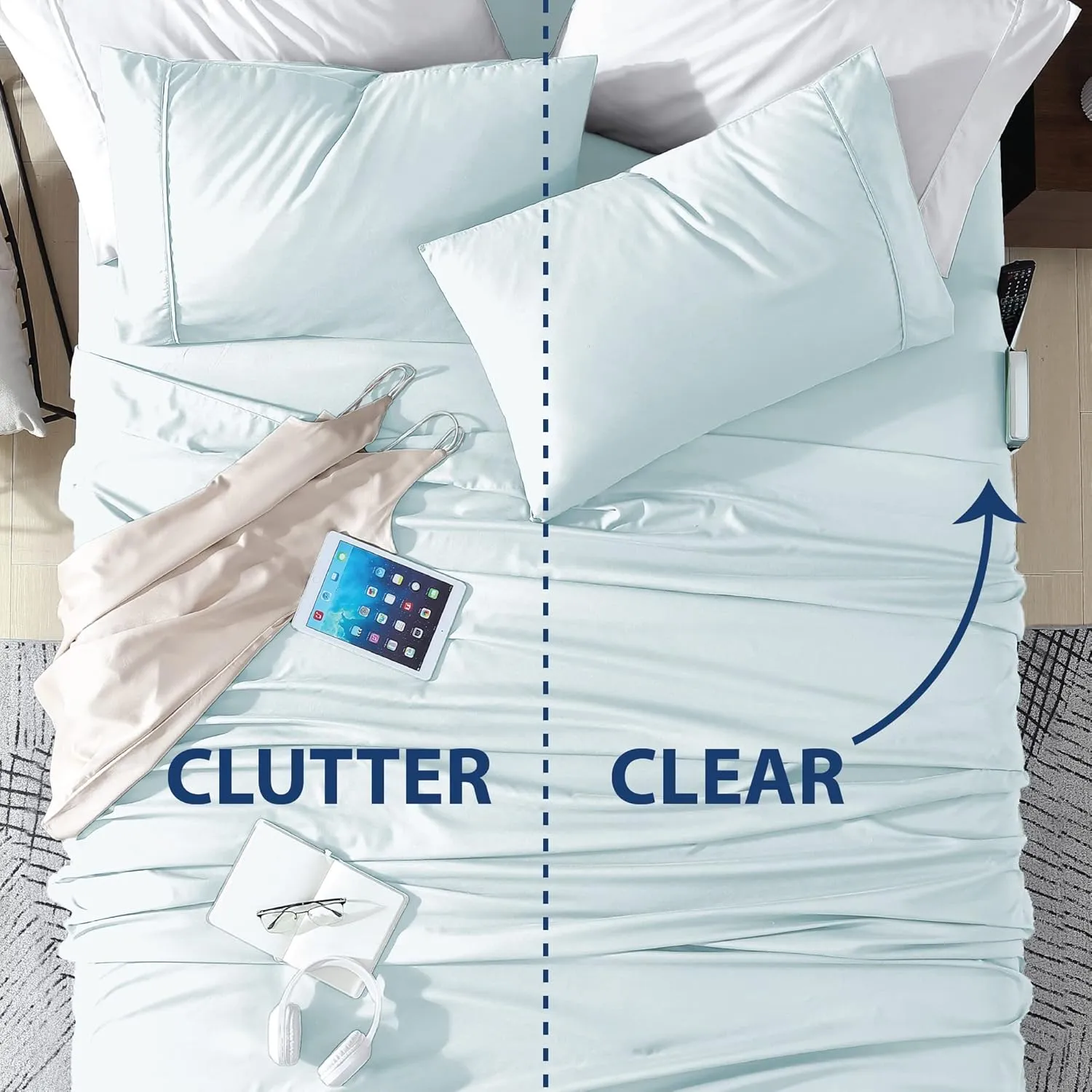 Swift Home Smart Sheets, Ultra Soft Brushed Microfiber 4-Piece Sheet Set, Fitted Bed Sheet with Side Storage Pockets – Aqua, King