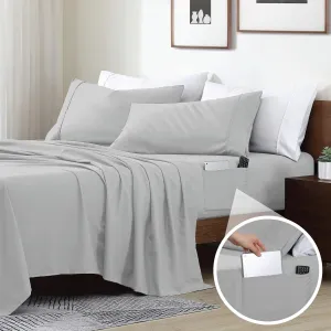 Swift Home Smart Sheets, Ultra Soft Brushed Microfiber 4-Piece Sheet Set, Fitted Bed Sheet with Side Storage Pockets – Silver, King