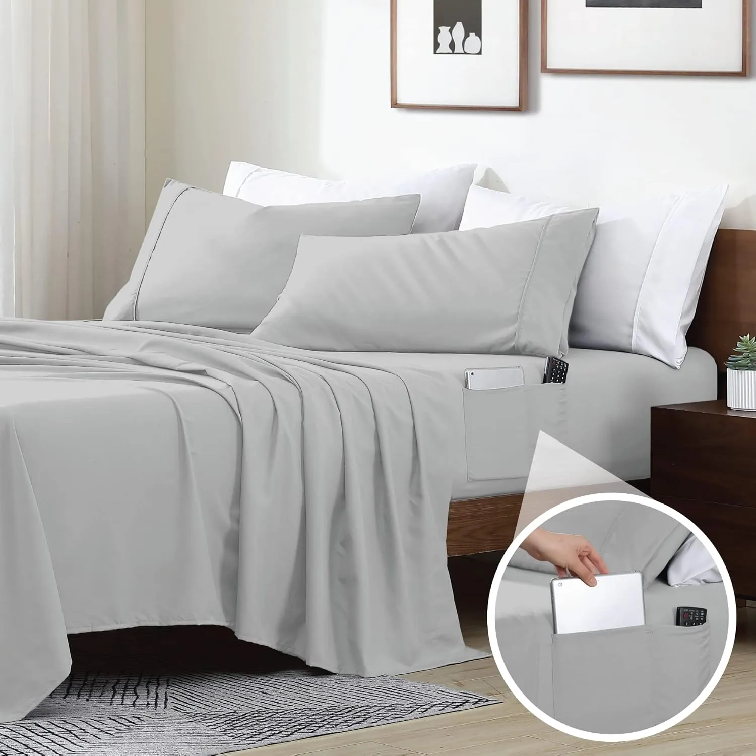 Swift Home Smart Sheets, Ultra Soft Brushed Microfiber 4-Piece Sheet Set, Fitted Bed Sheet with Side Storage Pockets – Silver, King