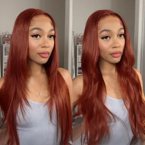 Synthetic Lace Front Wig 13x6 HD Glueless Lace Frontal Wig Pre Plucked Hairline with Baby Hair Long Yaki Straight Layered Lace Wigs for Black Women Daily Use (Reddish, 22 Inch)