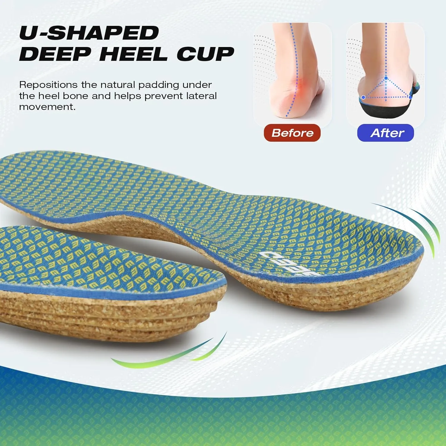 Thin Plantar Fasciitis Insoles, Arch Support Soft Breathable Cork Orthotic Shoe Inserts for Heel Pain Relief and Flat Foot, Anti Fatigue Work Insert （Men 7-8.5/Women 8-9.5）