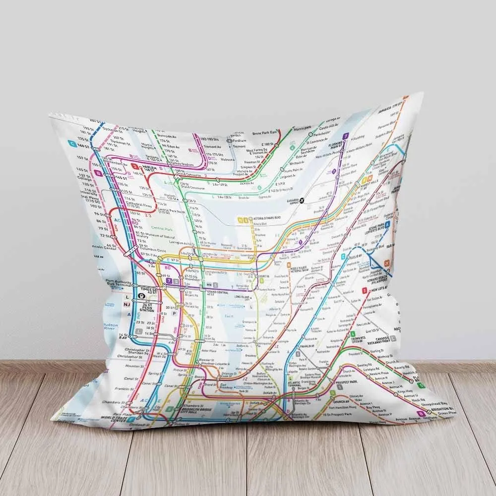 Throw Pillow Covers New York Subway Map Route Red Blue Orange Purple Green Pink Soft Decorative Square,Pack of 2 Cushion Case for Sofa Bedroom Car 18X18 Inch 45X45 Cm