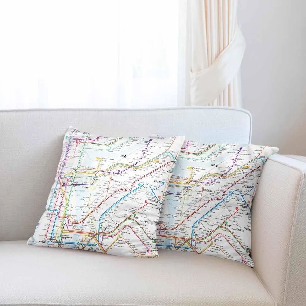 Throw Pillow Covers New York Subway Map Route Red Blue Orange Purple Green Pink Soft Decorative Square,Pack of 2 Cushion Case for Sofa Bedroom Car 18X18 Inch 45X45 Cm