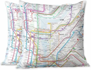 Throw Pillow Covers New York Subway Map Route Red Blue Orange Purple Green Pink Soft Decorative Square,Pack of 2 Cushion Case for Sofa Bedroom Car 18X18 Inch 45X45 Cm