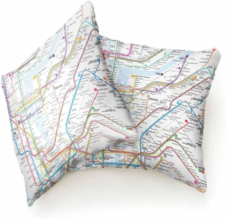 Throw Pillow Covers New York Subway Map Route Red Blue Orange Purple Green Pink Soft Decorative Square,Pack of 2 Cushion Case for Sofa Bedroom Car 18X18 Inch 45X45 Cm
