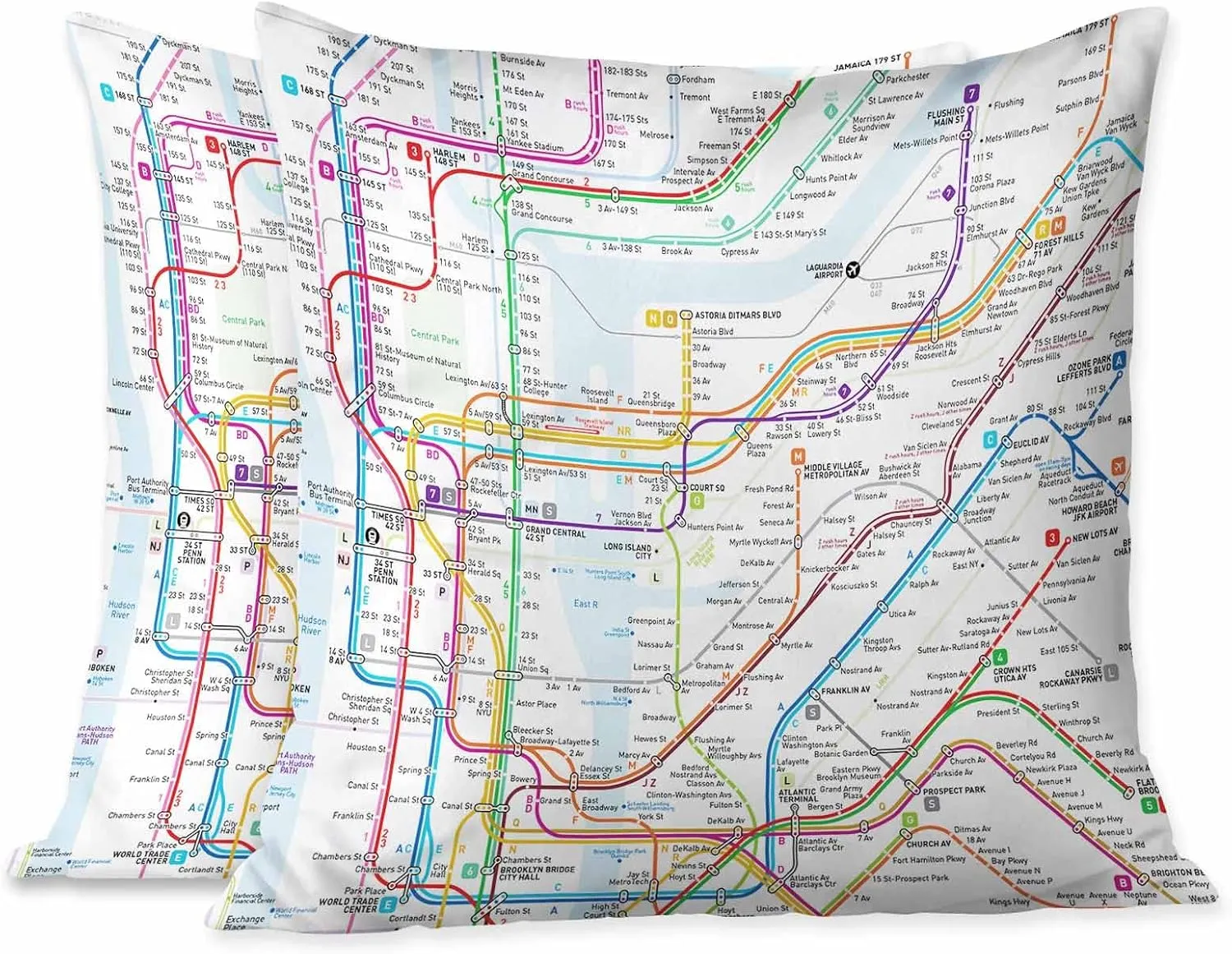 Throw Pillow Covers New York Subway Map Route Red Blue Orange Purple Green Pink Soft Decorative Square,Pack of 2 Cushion Case for Sofa Bedroom Car 18X18 Inch 45X45 Cm
